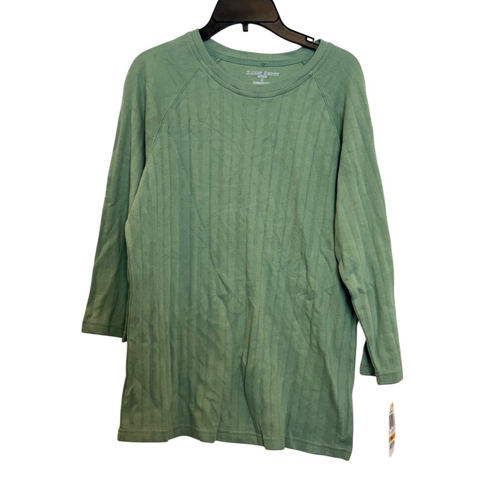 Karen Scott Sport Womens Ribbed Knit Top S Light Green 100% Cotton